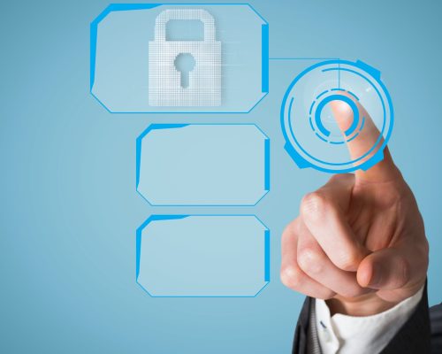 composite of hand pointing at padlock graphic