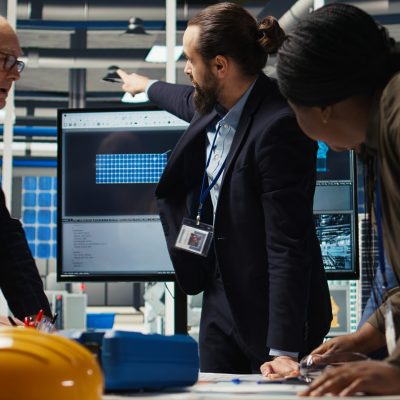 Photovoltaics factory industrial production managers looking over schematics, planning work on facility floor. Solar panels plant engineers design assembly lines, looking over blueprints, camera A